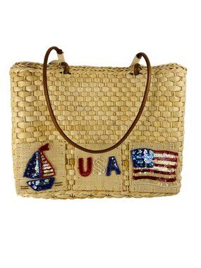 VTG QVC Patriotic Woven Corn Husk Bag Sequined USA Flag & Sailboat Design